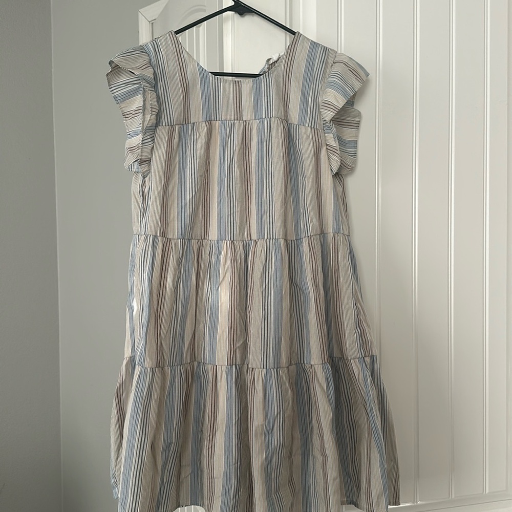Tan, blue, Grey Striped Dress